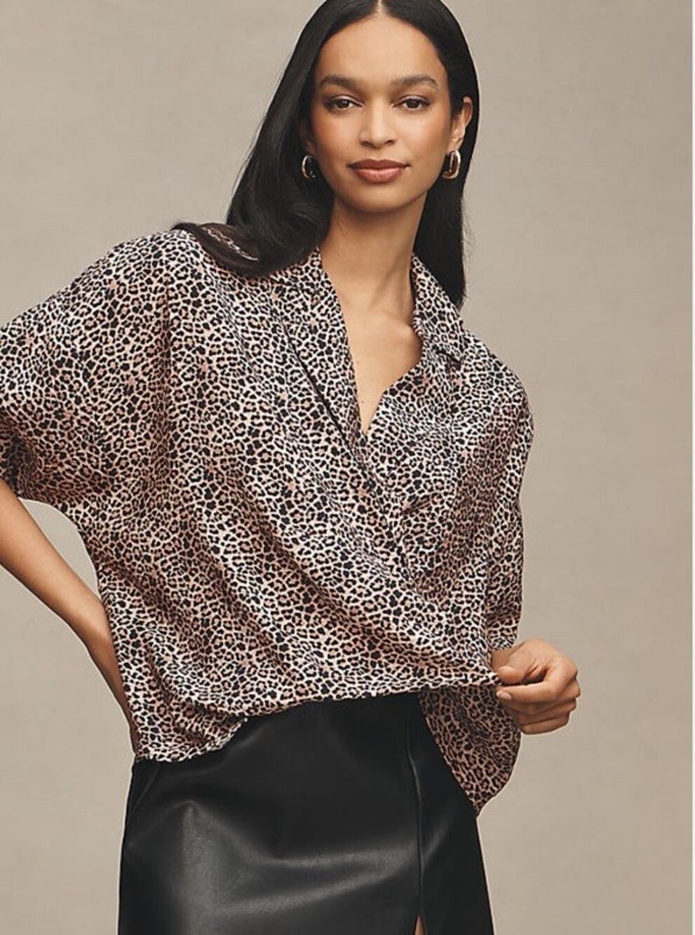 Anthropologie Medium Dylon Wide Placket Leopard Top Brown Oversized Boxy Office